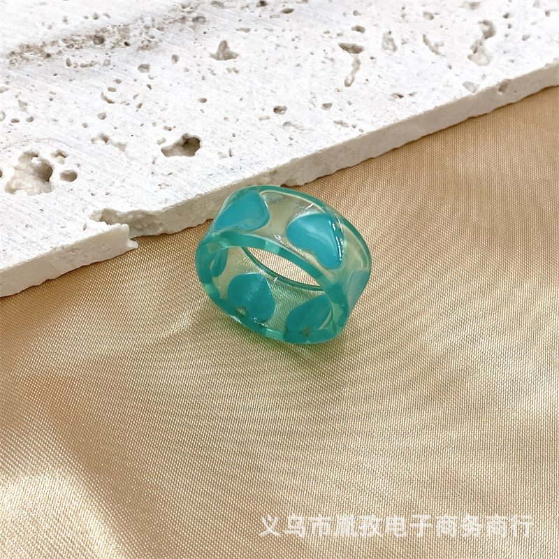 Nueva Corea del Sur ins estilo dulce chica corazón hecho a mano aceite goteo pintado a mano amor anillo transparente macaron color anillo