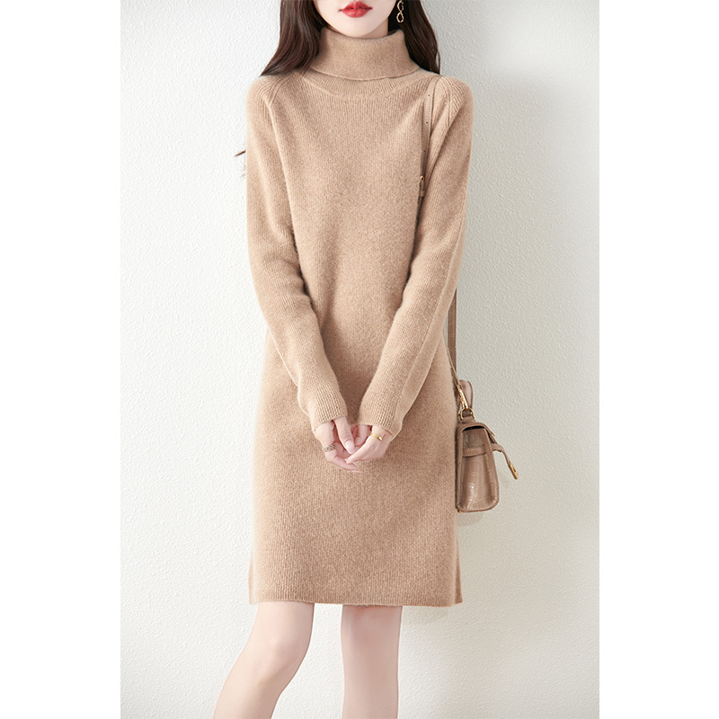 秋冬纯羊毛元宝针宽松打底中长款自带半高领连衣裙女毛衣裙针织裙