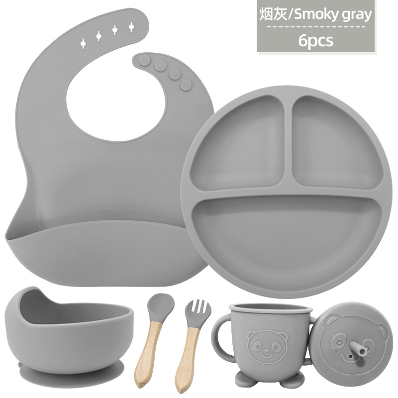 Juego de seis piezas de vajilla de silicona para niños, vajilla de alimentación para bebés para niños, tenedor, cuchara, ventosa, bolsa de arroz, taza de agua