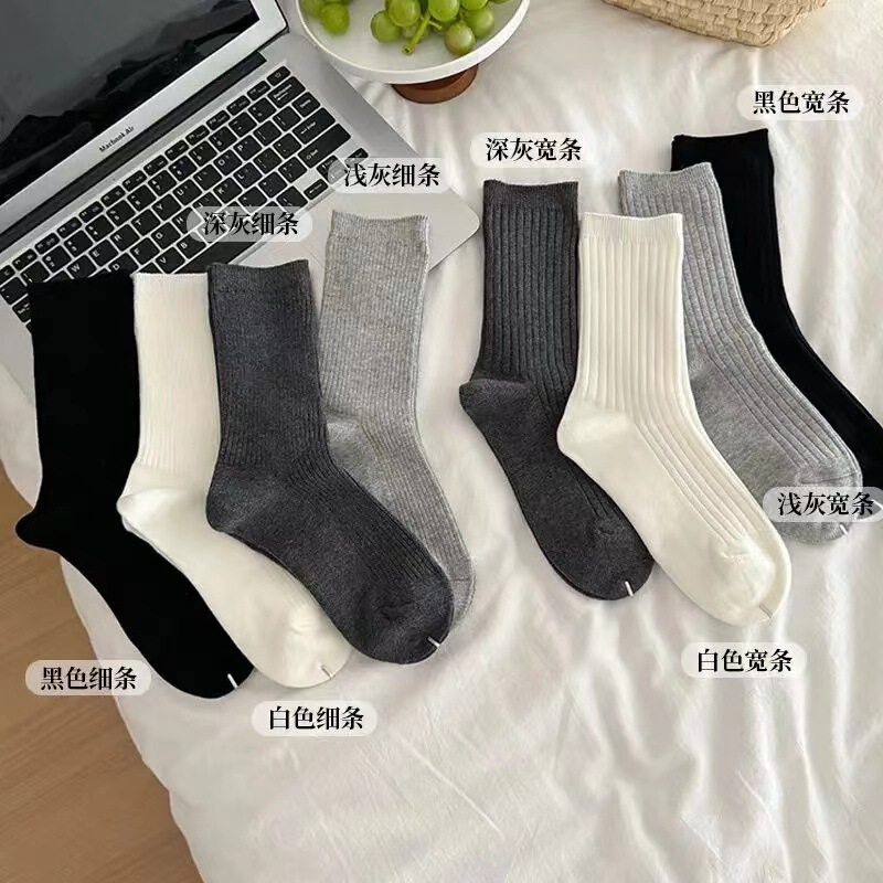 White Socks Women's Mid-length Socks Spring and Autumn Cream Ins Trendy Korean Style Stockings Odor-proof Solid Color Cotton Socks Black Stacked Socks