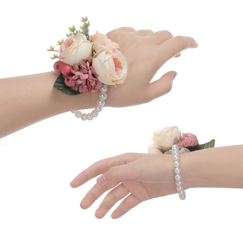 Bride and bridesmaid wrist flower wedding forest pearl wrist flower dance performance simulation flower bracelet Amazon source