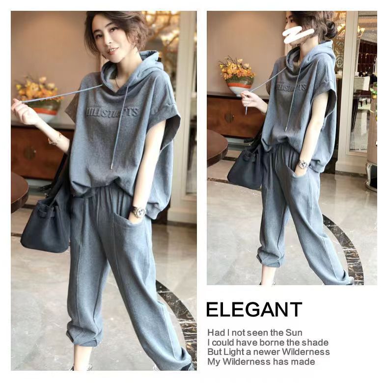Women's Sports Casual Hooded 2026 Summer New Loose Versatile Short Sleeve Plus Size Two-Piece Set Cross-Border Wholesale_ecoleips.com