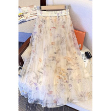 2025夏季雪纺半身裙女印花短裙A字裙中长款大摆裙碎花大码过膝裙.