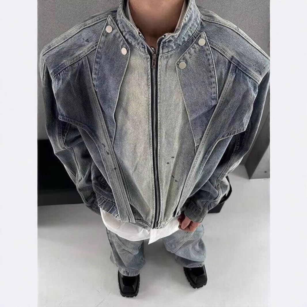 水洗蓝色解构短款牛仔外套男春秋季小众设计感牛仔衣美式高街夹克