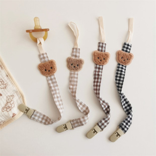 ins style cute embroidered bear head baby pacifier clip anti-drop chain baby pacifier chain toy anti-lost rope