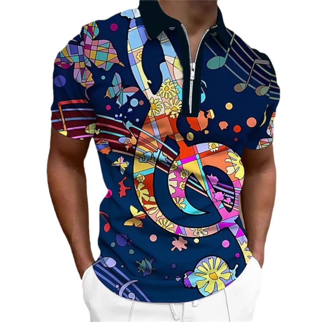 Arte abstracto, notas coloridas, estampado 3D, personalidad de la calle de verano para hombres, cremallera de manga corta, camisa POLO suelta y transpirable