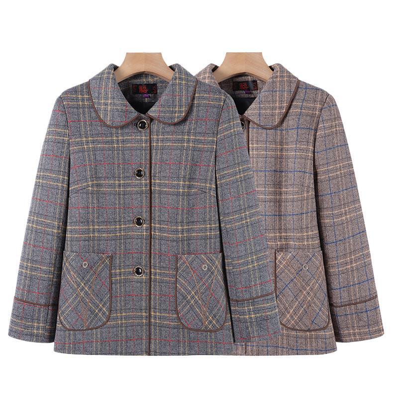 2024 New Mom Autumn Tops Middle-Aged and Elderly Women Plaid Temperament Top Middle-Aged Fashionable Western Windbreaker 50 Years Old