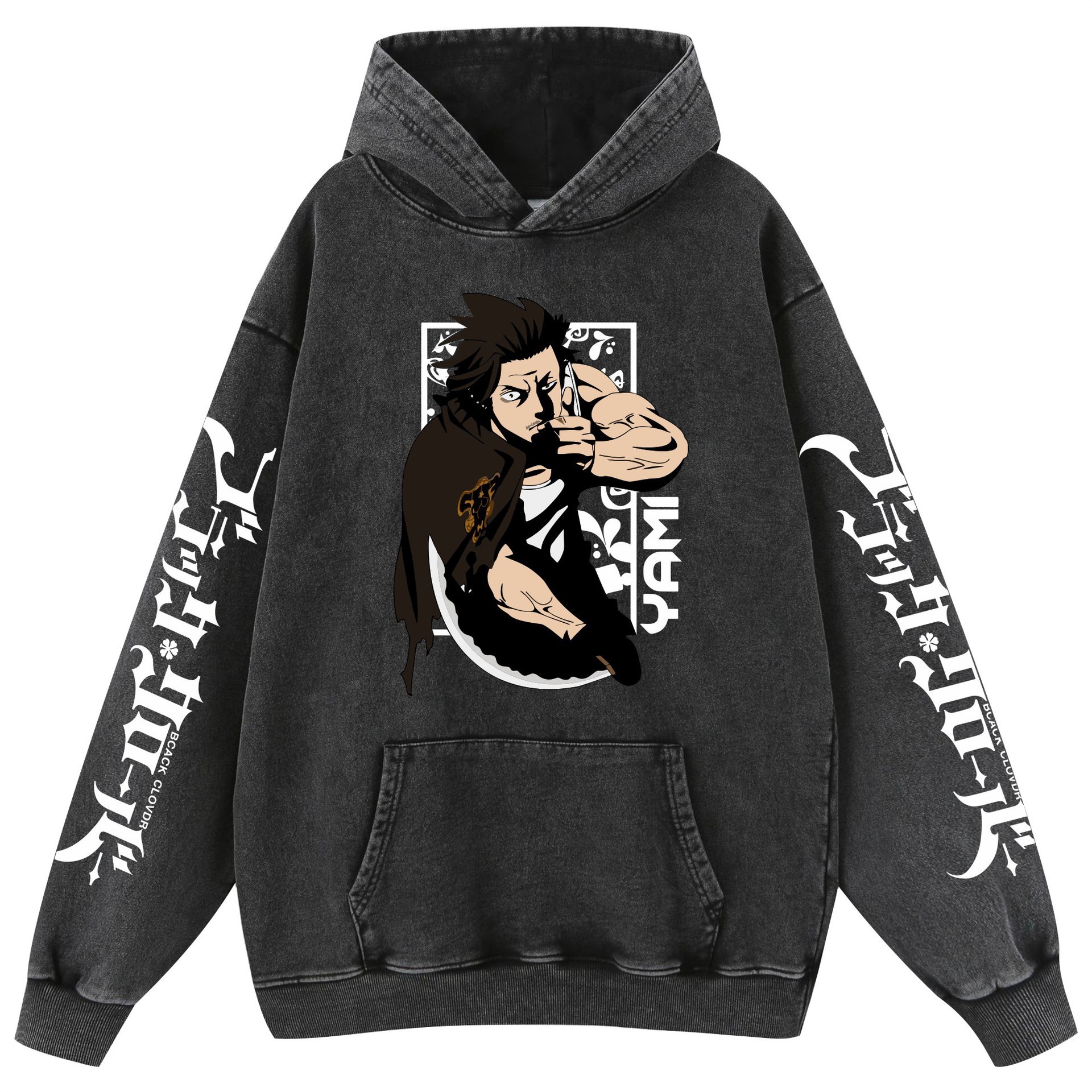 Tréveros negros de cuatro hojas Black Clover Lavado retro algodón con capucha suéter para hombres y mujeres