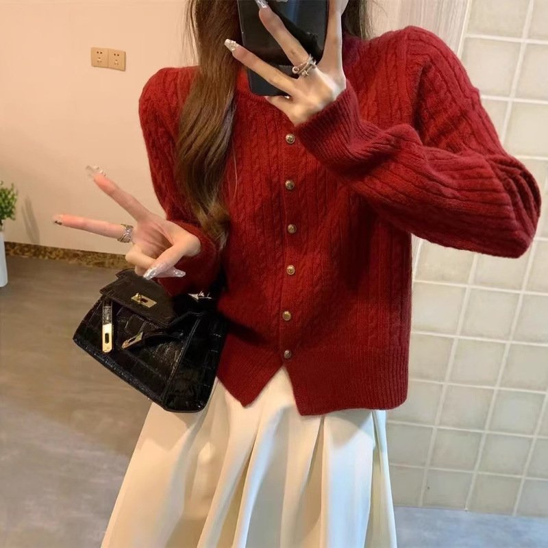 New Year Angora Red 100 Pure Wool Twist Round Neck Women's Casual Elegant Knitted Cardigan Sweater Autumn and Winter