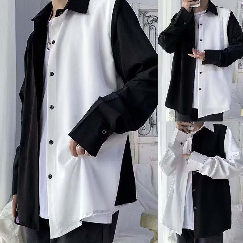 Stitching Long Sleeve Shirt Men's INS Hong Kong Style Contrast Color Shirt Design Sense Niche Top Spring Summer Black and White Fried Street Jacket