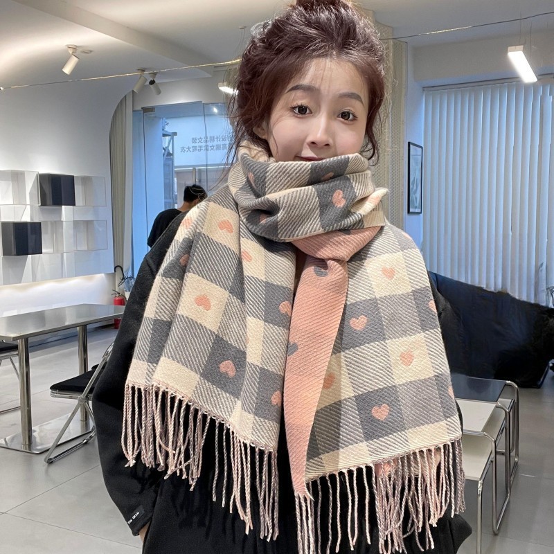 双面爱心格子围巾女冬季韩版氛围感百搭披肩加厚外搭高级感围脖|undefined