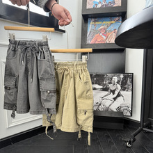 男童夏款美式做旧砂洗工装中裤儿童复古炒色多口袋户外滑板五分裤