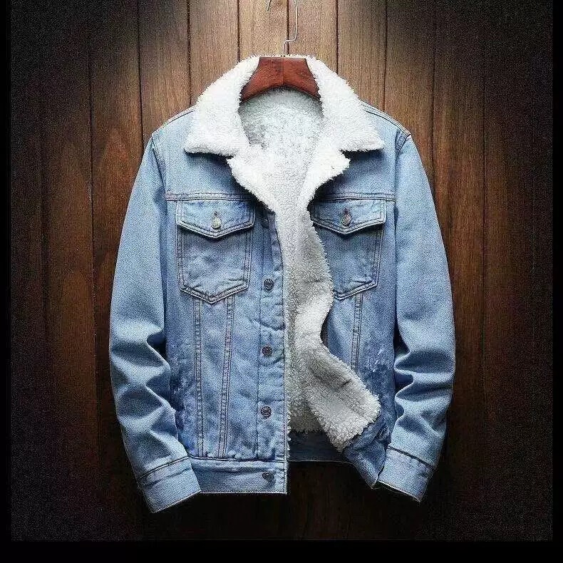 Vintage Denim Cotton-padded Coat Men's Winter Fleece-lined Jacket Fur Collar Warm Cotton-padded Coat Korean-style Hong Kong-style Lamb Wool Cotton-padded Jacket Top