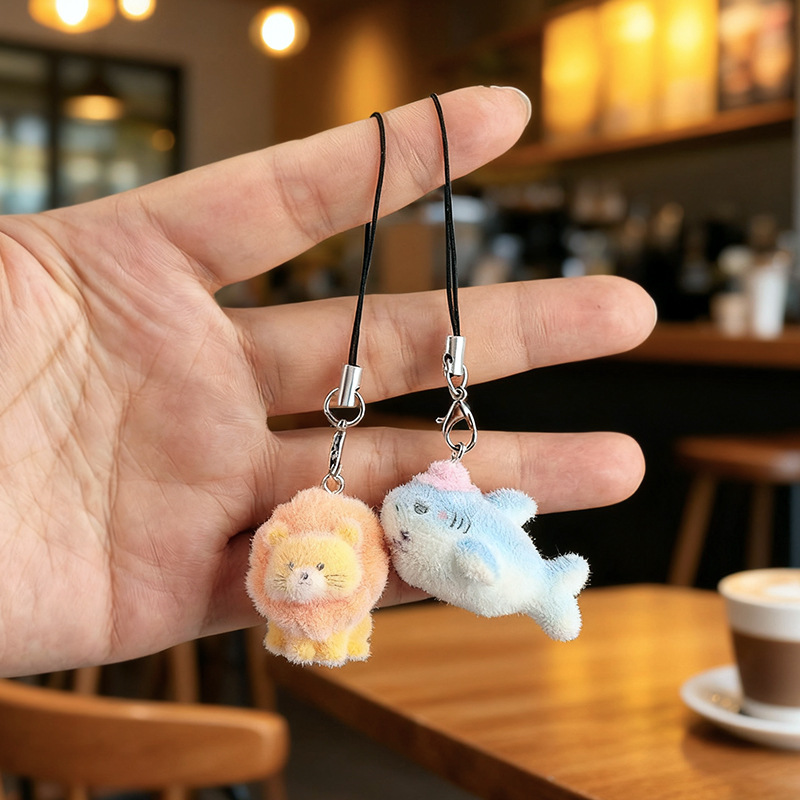 Cute Lion Shark Small Pendant Stereo Flocking Small Doll Mobile Phone Pendant Keychain Cute Pet Bag Hanging Jewelry