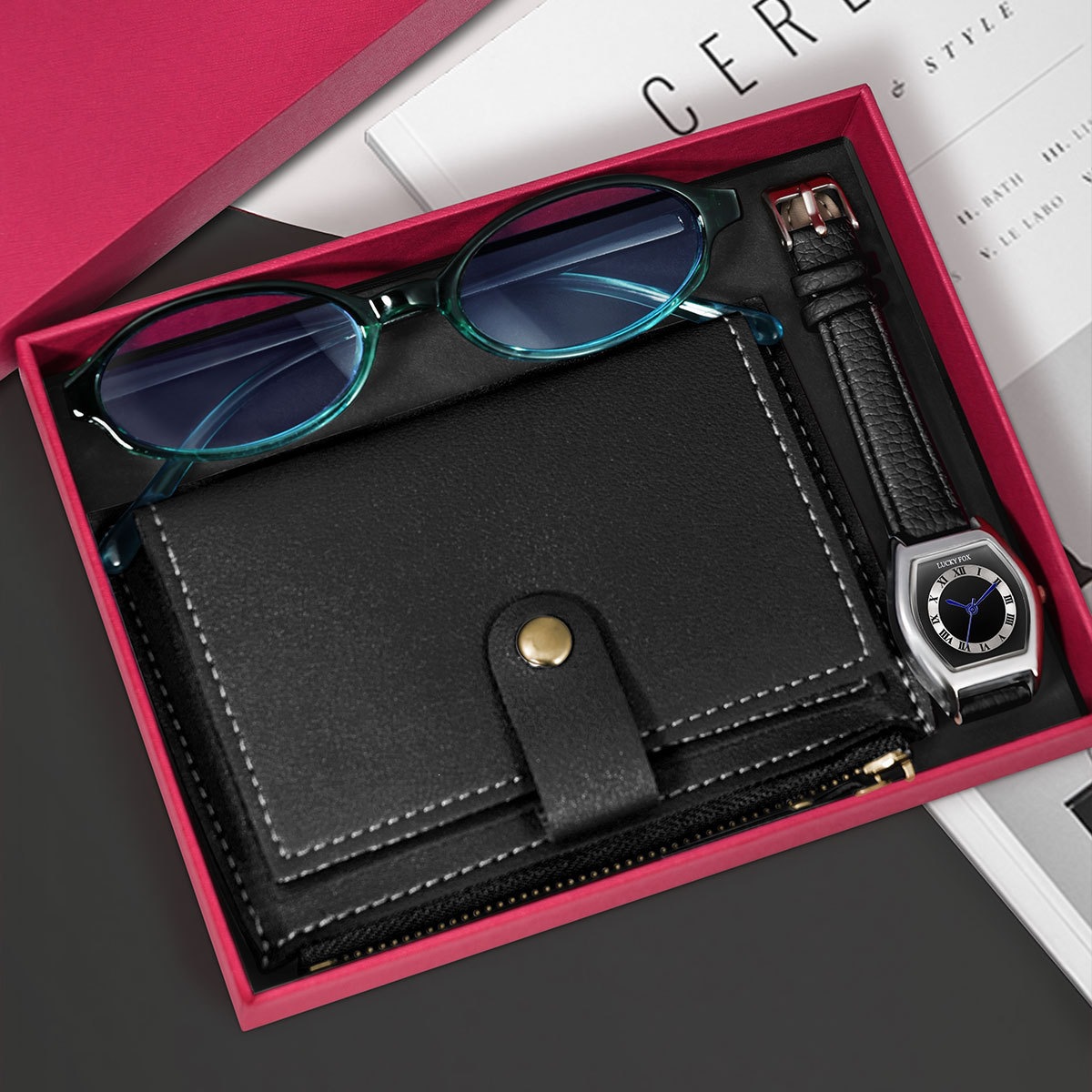 Luckyfox Cross-Border Popular Retro Women's Quartz Watch with Card Holder, Wallet, Glasses, and Gift Set Box 4