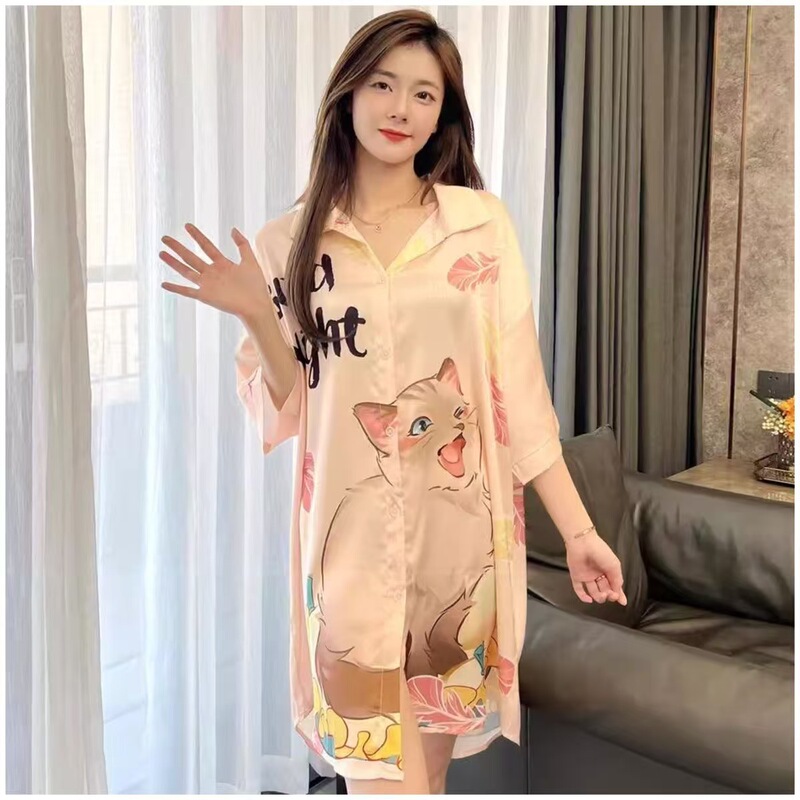Black High-End Ice Silk Nightgown for Women, Summer Light Luxury Style Short-Sleeved Women's Cool Shirt, Pajamas, Home Wear, Long Dress
