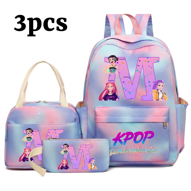 Cross-Border New Korean Demon Hunter School Bag Pencil Case Student Lunch Bag Cartoon English Letters Three-Piece Set Cross-Border New Korean Demon Hunter School Bag Pencil Case Student Lunch Bag Cartoon English Letters Three-Piece Set