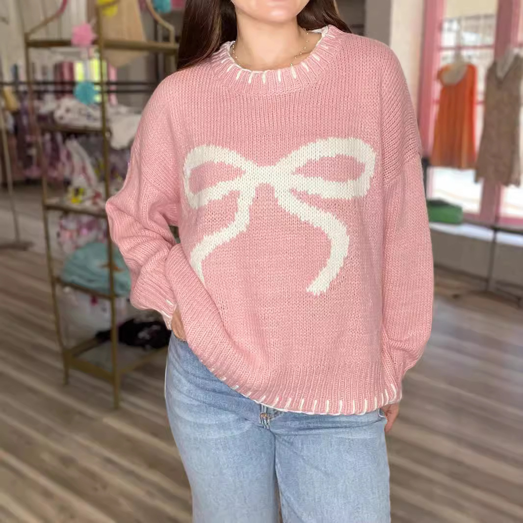 Women's Clothing Women's Bow Jacquard Sweater Autumn And Winter Lazy Style Loose Warm And Comfortable Pullover Sweater_voghion.com
