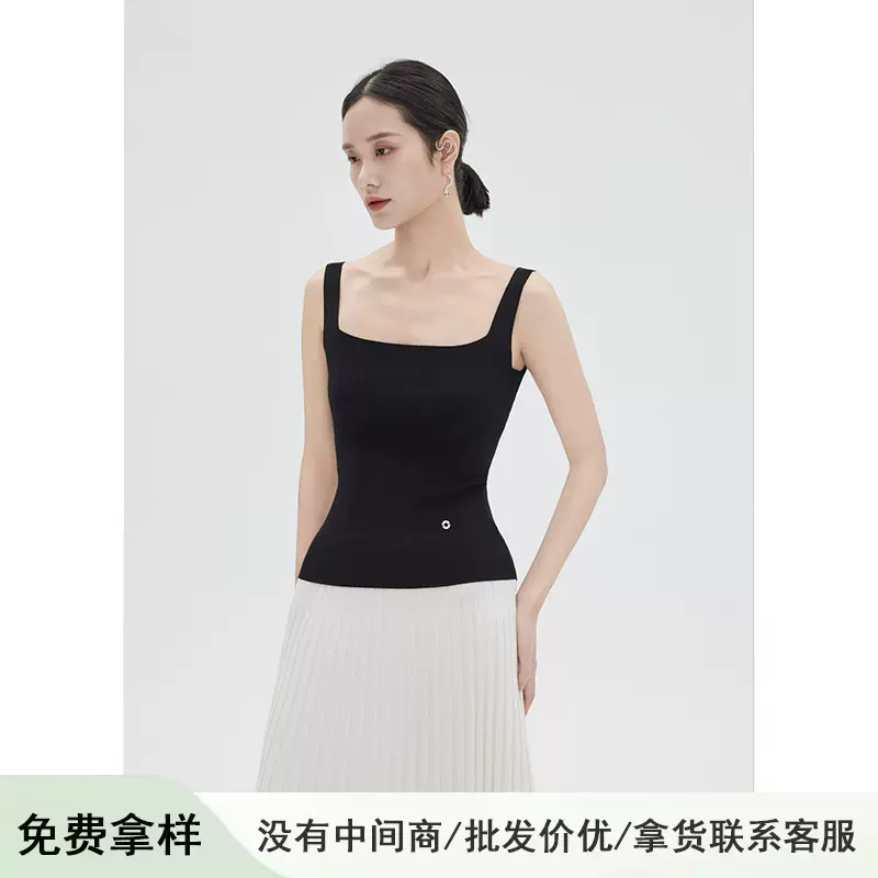 白露无缝一体针织方领针织背心女修身金属扣吊带背心露背无袖上衣