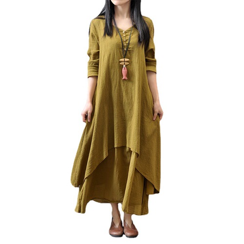  New High-Quality Pencil Skirt Dress with Flowy Linen A-Line Dress Loose Long-Sleeved Cotton-Linen Dress