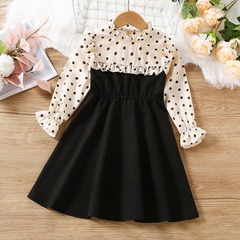 6327 Spring New Girls' Dress with Polka Dot Edge Splicing Long Sleeve Dress, Small Round Collar Polka Dot Dress for 2-6 Years Old