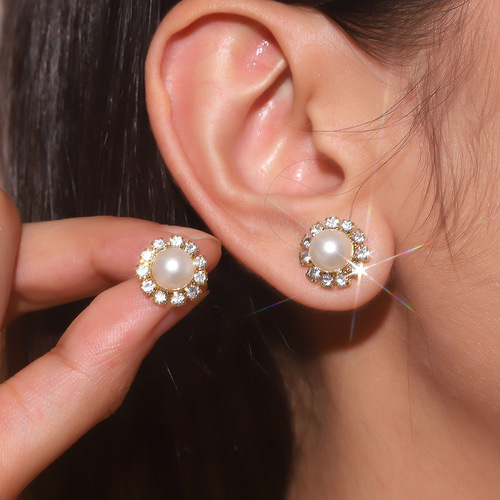 Elegant vibe water diamond pearl earrings, niche design versatile water diamond earrings earrings