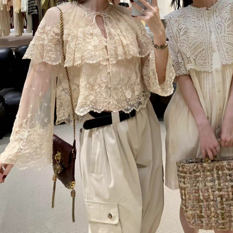 In-Stock Lace Shirt 2026 Early Spring New Style Double-Layer Tie-Up Slightly Sheer Mesh Floral Embroidery Lace Cape Top In-Stock Lace Shirt 2026 Early Spring New Style Double-Layer Tie-Up Slightly Sheer Mesh Floral Embroidery Lace Cape Top