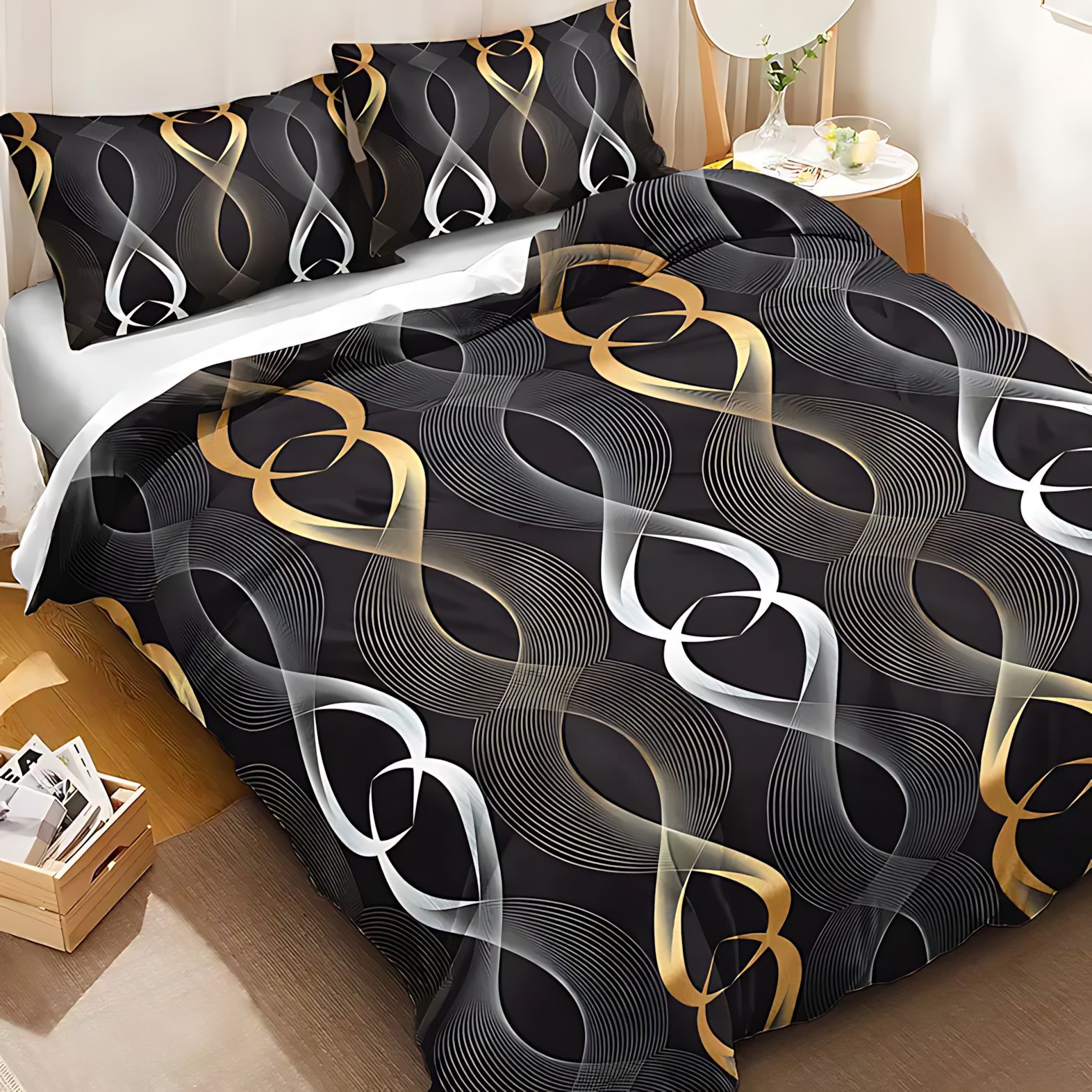 TEMU / JIT Transfronterizo Kit de colcha de cama de impresión digital línea de perilla de oro negro se puede ajustar