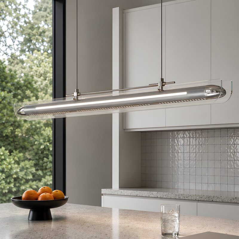 Vintage Bauhaus-style linear pendant light for dining room and tea room, modern minimalist bar counter and island table atmospheric glass chandelier