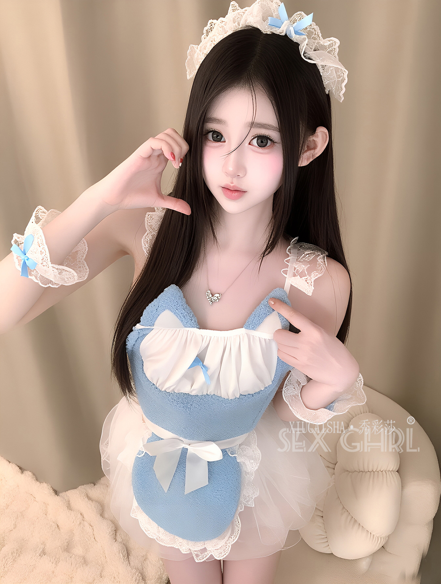 Plus-Size Cat Girl Cosplay Uniform Set with Blue Plush Bow and Stockings — detail image 7