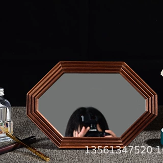 现货卧室木质化妆镜女士桌面梳妆镜家用黑胡桃木八角形化妆镜摆件