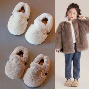 Girls Mao Mao Shoes 2023 Winter New Children fleece-lined Soft Sole Baby Cotton Shoes Bean Warm Princess Shoes
