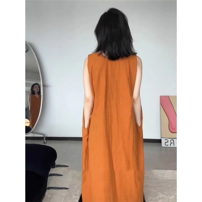 夏季新款时尚韩版梨形身材穿搭宽松休闲减龄百搭橙色无袖连衣裙女|undefined