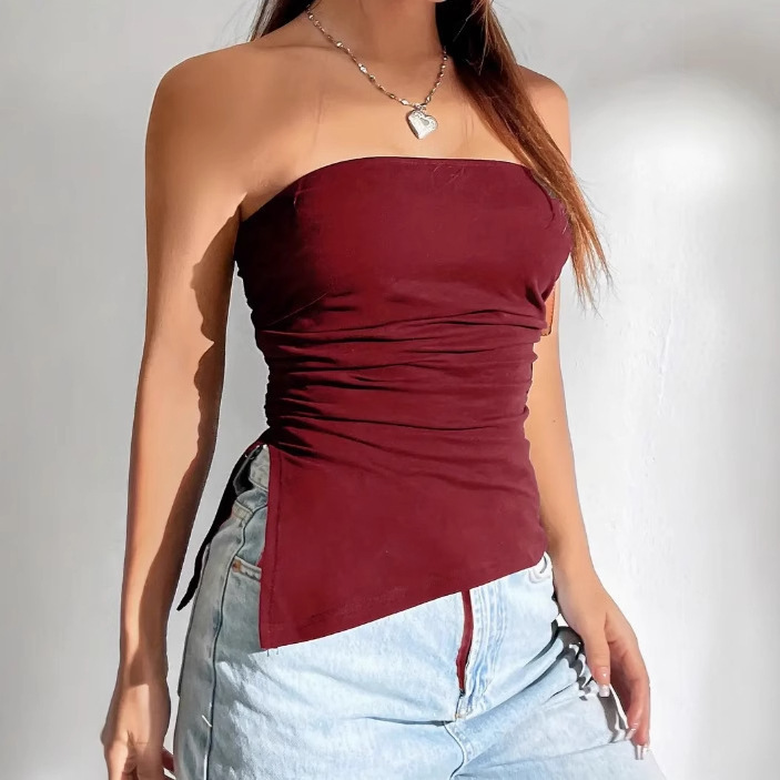 Solid Color Off-The-Shoulder Ruched Tube Top with a Cinched Waist, Slim Fit, Asymmetrical Tank Top, Feminine Inner Wear Solid Color Off-The-Shoulder Ruched Tube Top with a Cinched Waist, Slim Fit, Asymmetrical Tank Top, Feminine Inner Wear