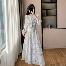 法式碎花连衣裙女春秋新款女神范温韩版柔风收腰显瘦约会雪纺长裙
