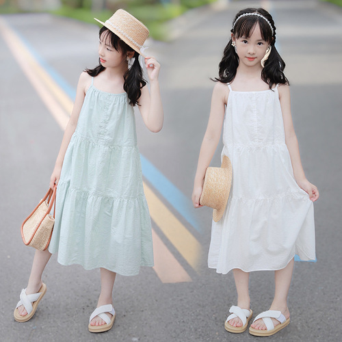 2024 new summer big children's dress Korean style small fresh suspender travel vacation seaside long skirt