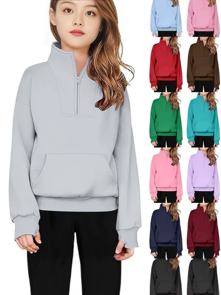 Boys' and Girls' Half-Zip Vertical Collar Sweatshirt Patch Pocket Long-Sleeved Thumb Hole Pullover Spring and Autumn Children's Top Sweatshirt