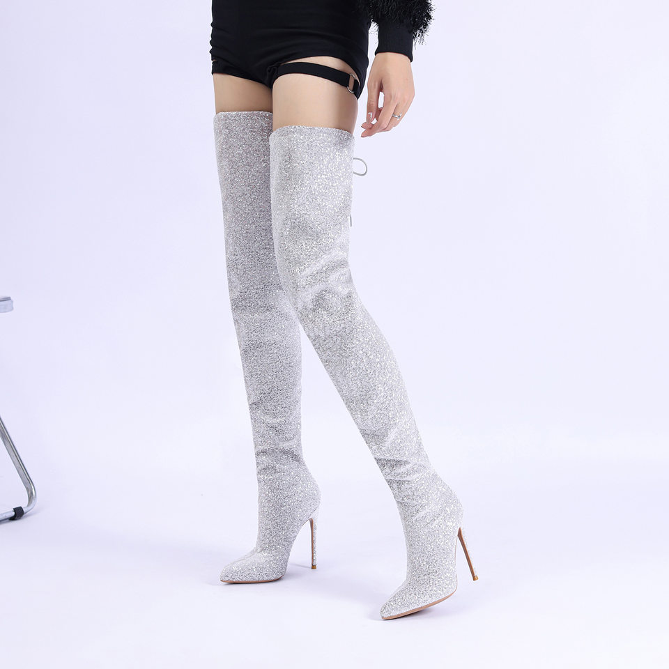 Bốt cao quá gối nữ gót nhọn mũi nhọn đính kim sa phong cách thời trang — Màu bạc, Màu hồng, màu đen