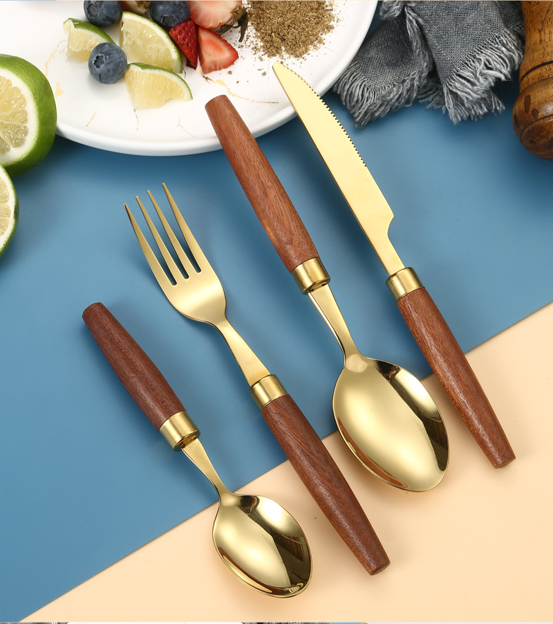 Vintage Western-Besteckset mit Griffen aus Sapele-Holz, 4-teilig, aus Edelstahl: Steakmesser, Gabel, Löffel_voghion.com