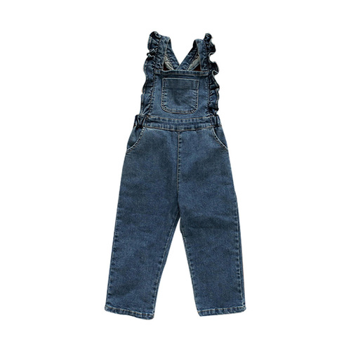 2024 Spring Strawberry Shan Korean Children's Clothing Children's Girls Lotus Shoulder Denim Jumpsuit
