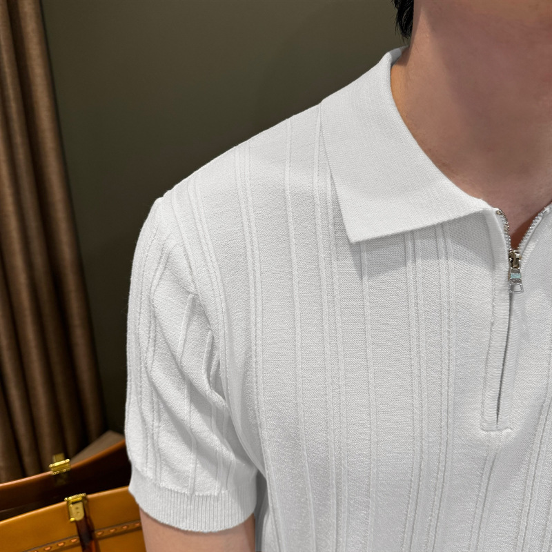 Zipper jersey polo de manga corta hombre verano americano retro commuting suelto vertical rayas pozo cuello camiseta hombre