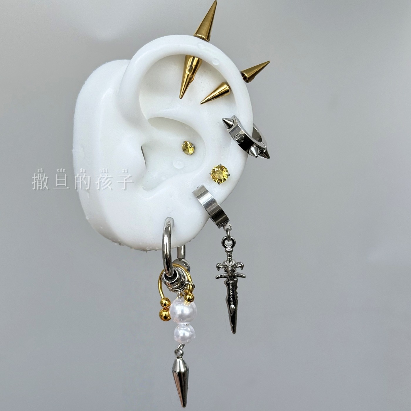 Satan's Child Golden Knight Letter Stud Earrings Punk Subculture Ear Piercing Jewelry Titanium Steel detail image 7