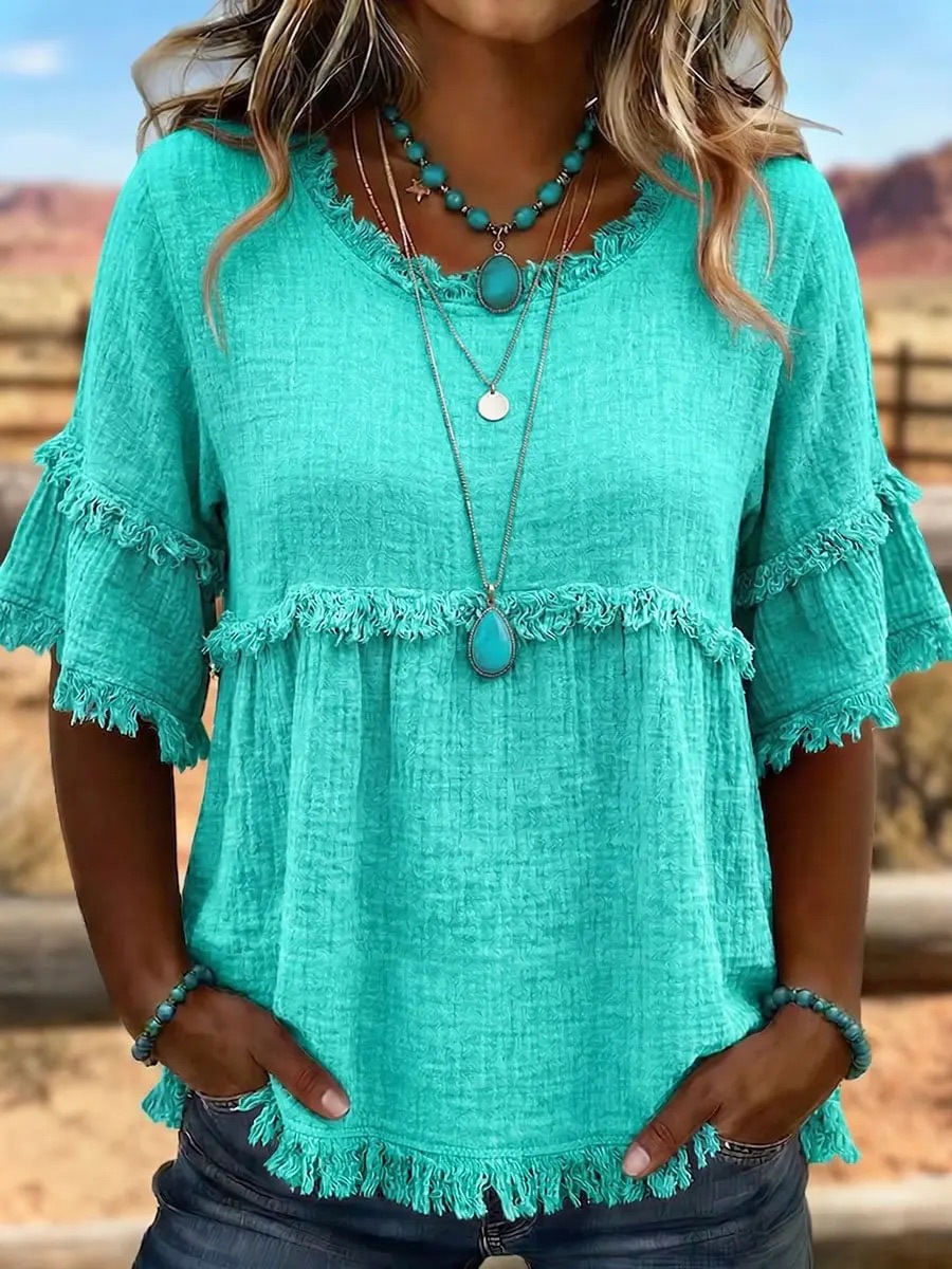 Camicetta retro da donna con frange texture e girocollo_voghion.com