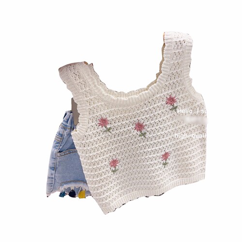 Girls summer suit 2024 new style baby girl fashionable knitted vest children's denim shorts two-piece set