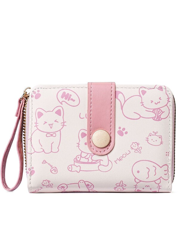 シンプルでかわいい子猫和風レディースバックルコインポジションハンドストラップ多機能ショートウォレット財布|undefined