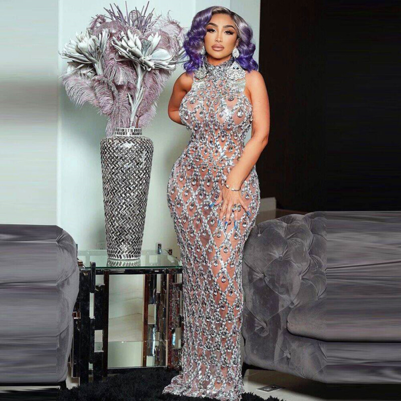 Cross-Border European and American Style Sexy Rhinestone Sequin Fashion High-Neck Halter Sleeveless Bodycon Long Floor-Length Evening Dress