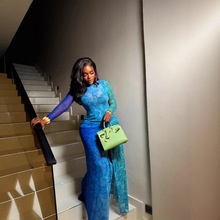 欧美风外贸印花个性女装微透收腰显瘦包臀裙高领长袖通勤长连衣裙