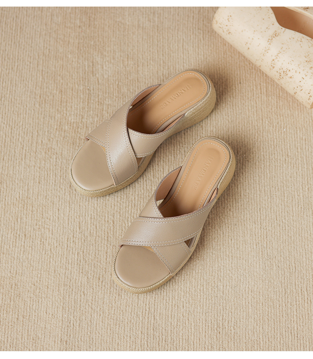 Dép sandal nữ quai chéo hở ngón đế dày da cừu — màu trắng ngà chi tiết 17