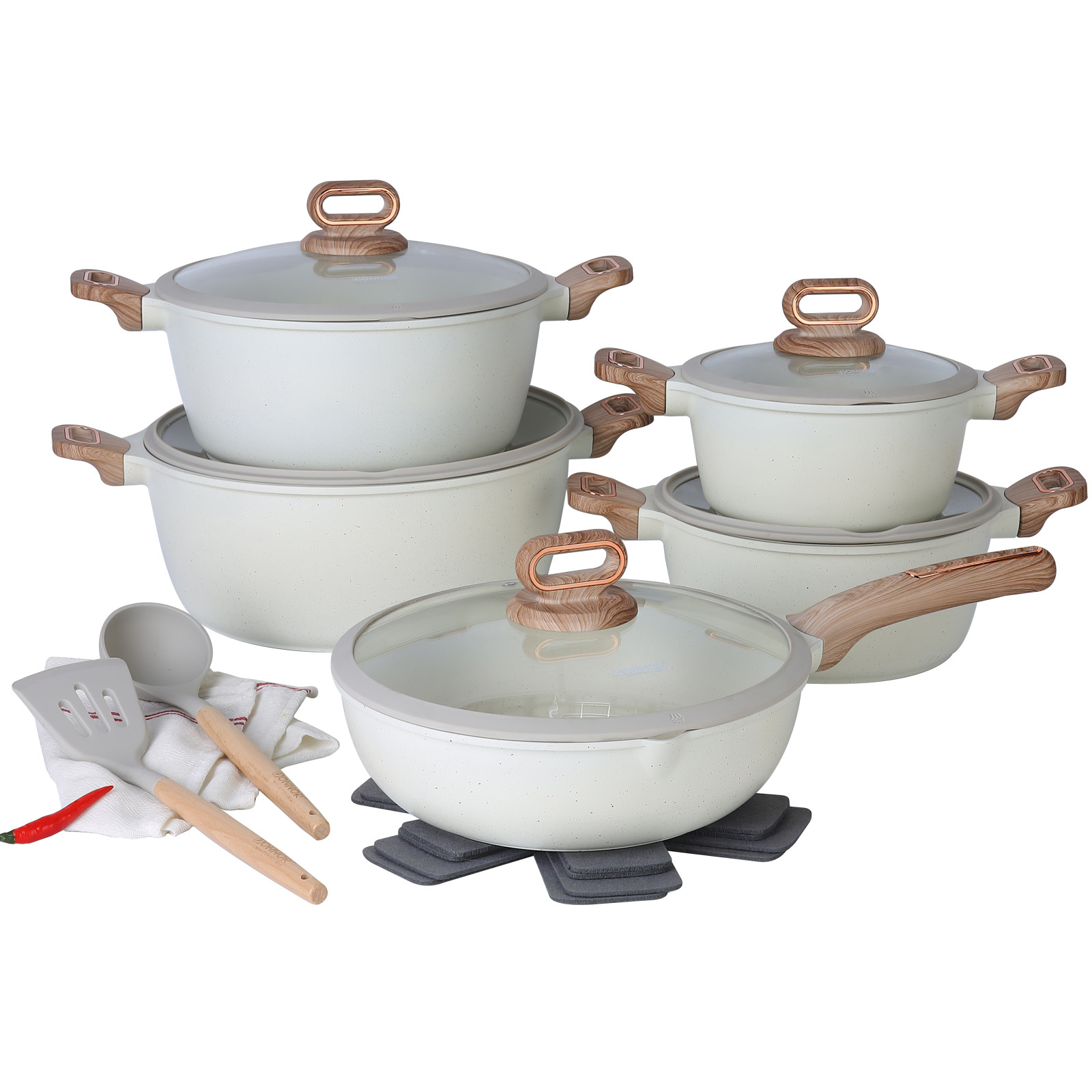 Juego de ollas de granito Donnor Belli de 15 piezas, juego de cocina antiadherente, olla para sopa, sartén, juego de exportación