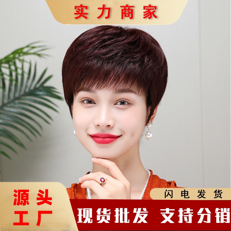 Wig for Women with Short Hair Texture, Middle-Aged and Elderly Full Headgear for Mother, Wig Set with Real Hair, Short Curly Hair, Real Hair Headgear Wig for Women with Short Hair Texture, Middle-Aged and Elderly Full Headgear for Mother, Wig Set with Real Hair, Short Curly Hair, Real Hair Headgear
